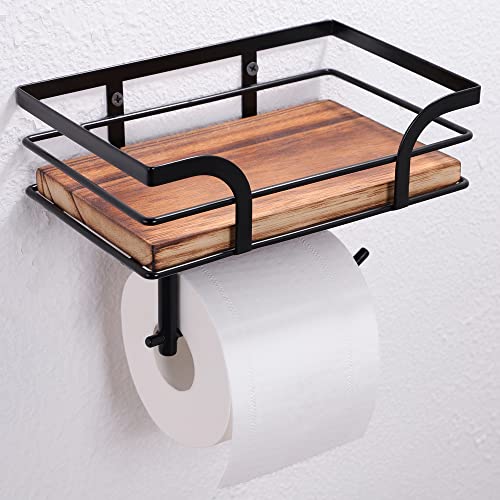AIDILI Toilettenpapierhalter mit Ablage - Klopapierhalter mit Feuchttücherbox Klorollenhalter Holz Ablage WC Rollenhalter Ohne Bohren, Selbstklebend&Wandmontage für Badzimmer von AIDILI