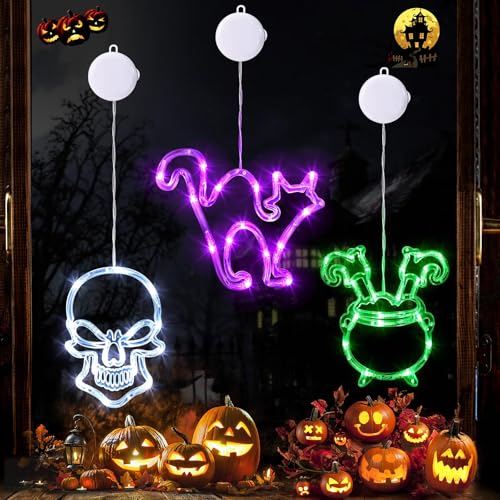 Halloween Light Up Ghost Decorations-3 Pack Hanging Skeleton Ghost, Halloween-Dekorationen,Halloweens-Fensterlichter Mit Saugnapf,Batteriebetriebene Innenbeleuchtung FüR Fensterdekoration (A) von AIDODIA