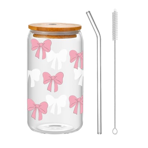 AIDUCHO Glas Mit Deckel Und Strohhalm, 500ml/16oz Matcha Glas Eiskaffee Gläser, Pink Stuff Glasses mit Bow Design, Trinkglas in Dosenform Für Bubble Tea, Kaffee, Latte, Säfte, Cocktails (1 Stück) von AIDUCHO