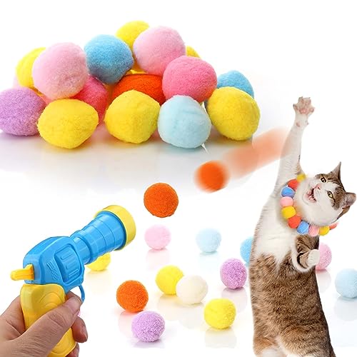 AIERSA Katzenspielzeug Ballwerfer, Katzenspielzeug zum Apportieren, Plüschball-Schießpistole mit 20 Pompom-Bällen, interaktives Spielzeug für Indoor-Katzen von AIERSA