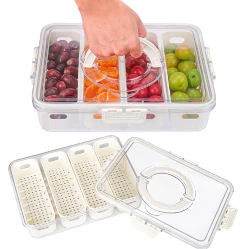 AIERSA Snackbox-Behälter, geteiltes Serviertablett mit Deckel, 4 Fächer, Reise-Snack-Behälter, Obst-Gemüse-Tablett mit Deckel für Kühlschrank, Frischhaltung, tragbares Snack-Tablett für Picknick, von AIERSA