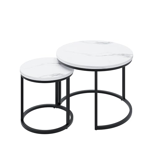 AIERSH 2-TLG. Weißer Couchtisch Set Runde Nested Tische - Metallgestell Platzsparend (60+40 cm) für Wohnzimmer & Kleinstwohnung von AIERSH