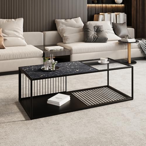AIERSH Couchtisch mit Stauraum & Glasplatte - Moderner Metalltisch platzsparend (110x48x35 cm) von AIERSH