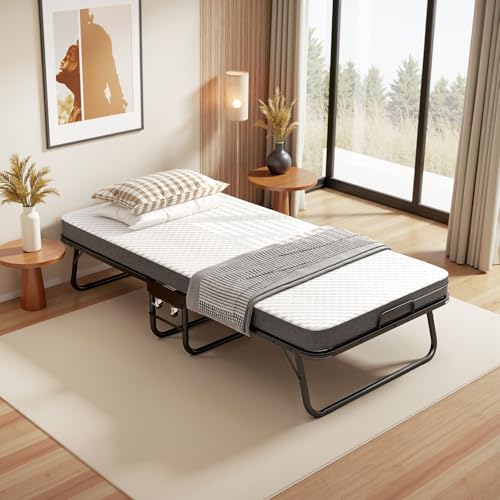 AIERSH Klappbett 90x190cm mit 4 Rollen, Klappbares Gästebett für Erwachsene mit 10cm Memory Foam Matratze, Staubschutzhülle Laufrollen, Schwarz von AIERSH