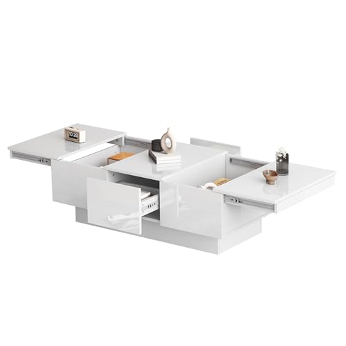 Hochglanz Couchtisch Weiß 100x55x35cm mit Schiebeplatte & 4 Staufächern – 2 versteckte Fächer + 2 Schubladen von AIERSH