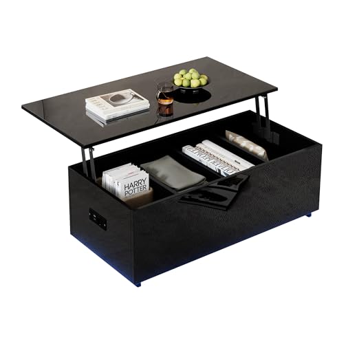 Hydraulisch hebbarer schwarzer Hochglanz-Couchtisch/Beistelltisch 100x50x35 cm | LED-Beleuchtung (16 Farben, Fernbedienung/APP) | Versteckter Stauraum (4 Fächer) | 40 kg Tragkraft von AIERSH