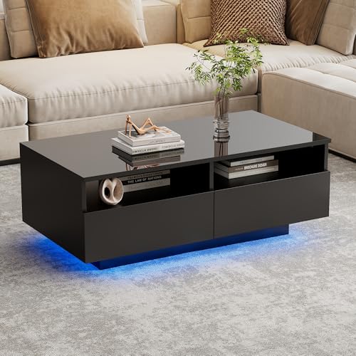 LED Hochglanz Wohnzimmertisch/Sofatisch mit 2 Schubladen, 16 Farben LED Beleuchtung (Bluetooth), Moderner Center Table für Wohnzimmer & Schlafzimmer von AIERSH