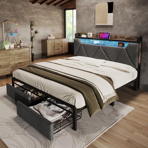 Polsterbett 140x200cm mit USB-C Ladestation & LED-Kopfteil – Stauraum-Kopfteil, 2 Schubladen, Metallrahmen, Grau (ohne Matratze) von AIERSH