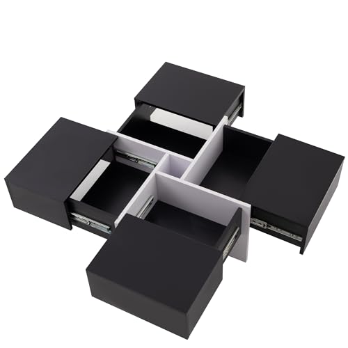 Quadratischer Hochglanz-Couchtisch 70x70x35 cm, schwarz-weißes Design, 4 Schubladen + integriertes Staufach, 30 kg Belastbarkeit von AIERSH