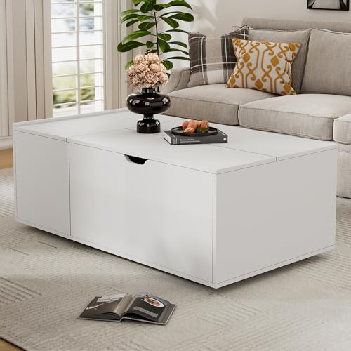 Weißer Lift-up-Couchtisch mit Schubladen & Schiebetüren | Multifunktionaler Hubtisch 120x65x45,5 cm | Flexibler Wohnstil (Skandinavisch/Modern) | 50 kg Tragkraft von AIERSH