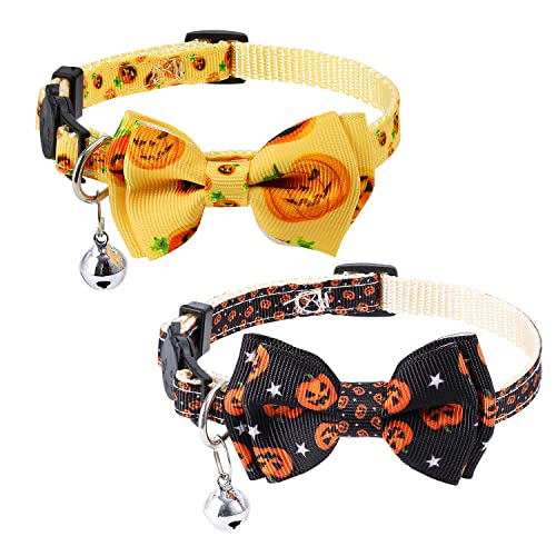 AIEX 2er-Pack Halloween Katzenhalsband Breakaway, Verstellbares Katzenhalsbänder mit Glöckchen Katzenhalsband mit Fliege Kürbis Katzenhalsbänder Set Kätzchen Dekorationszubehör von AIEX