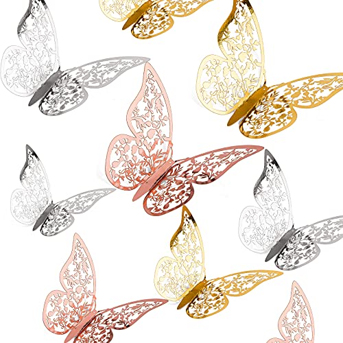 AIEX 36 Stück 3D Schmetterlinge Ornamente Vivid Abnehmbare Aufkleber mit 3 verschiedenen Größen, für Wandtattoos, Kinderzimmer Ornamente, Hochzeitsfeier Dekor (Gold, Silber, Roségold) von AIEX