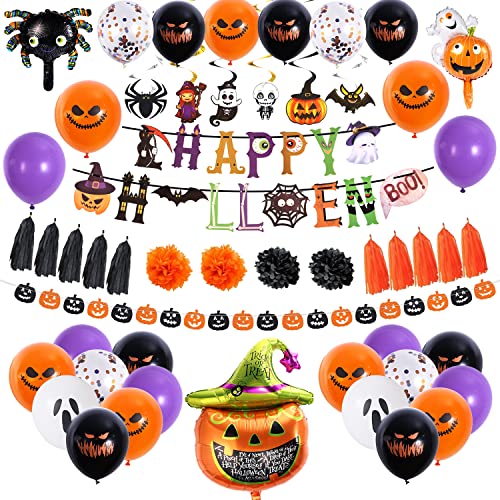 AIEX 51 Stück Halloween Party Deko Set, Halloween Party Zubehör Halloween Banner Bedruckte Luftballons Spirale zum Aufhängen Pompoms Quaste für Zuhause Innendekoration von AIEX