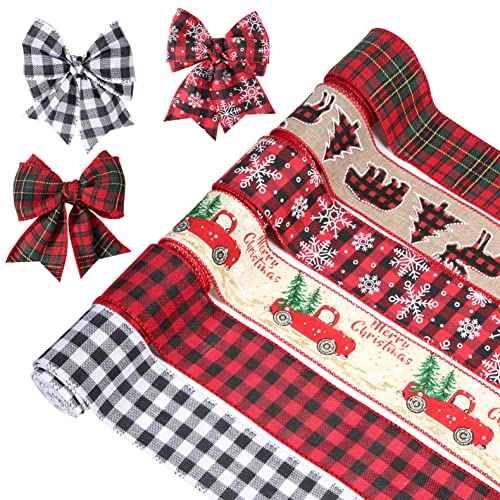 AIEX 6 Rollen Weihnachts Draht Band, 6,35cm x 22 m Weihnachtsbänder mit Draht Plaid Weihnachtsbaum Band Rot Schwarz Weiß Kariert Weihnachtsbänder Weihnachtsband Breit zum Verpacken Kranz Hochzeit von AIEX