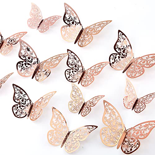 AIEX 72 Stück 3D Schmetterlingsaufkleber 3 Größen Wandtattoos Raumwanddekoration für Schlafzimmer Party Hochzeit (Roségold) von AIEX