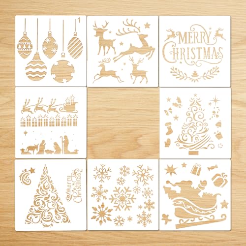 AIEX 8 Stück Weihnachtsschablonen Vorlage Zum Malen von Holz, Journal Scrapbook Karten Machen, DIY Weihnachtsdekoration (12,7 x 12,7 cm) von AIEX