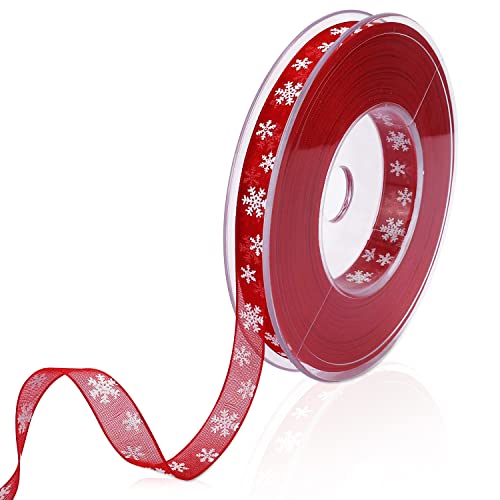 AIEX Weihnachtsband, 20m x 10mm Schmal Schneeflocken Band Rotes Weihnachts Band zum Basteln Verpacken von Geschenken Winterurlaub Weihnachtsdekoration von AIEX