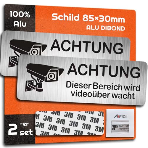 AIFIZO Schild Videoüberwachung 2 Stück 85mm×30mm mit 3M Tape, Gebürsteter Aluminium Achtung Videoüberwachung Schild, Achtung Privatgrundstück, Selbstklebend & Aluminium, Videoüberwachung Schild von AIFIZO
