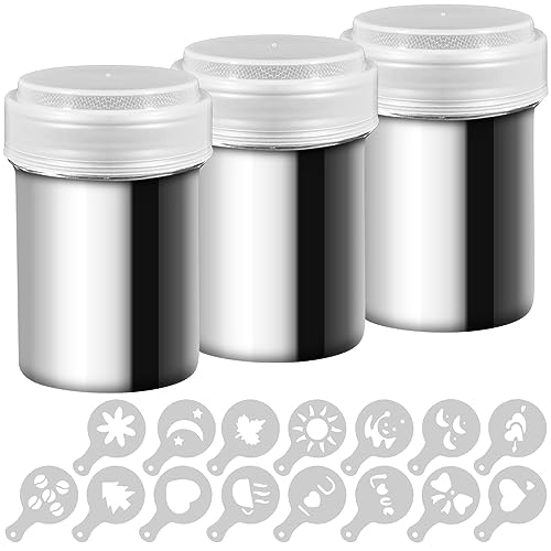 Aifuda, 3 Streudosen aus Edelstahl, für Kaffee oder Kakao, mit feinem Sieb, für Backen, Kochen oder Restaurants, mit 16 Motivschablonen Aifuda, 3 Streudosen aus Edelstahl, für Kaffee oder Kakao, mit feinem Sieb, für Backen, Kochen oder Restaurants, mit 16 Motivschablonen von AIFUDA