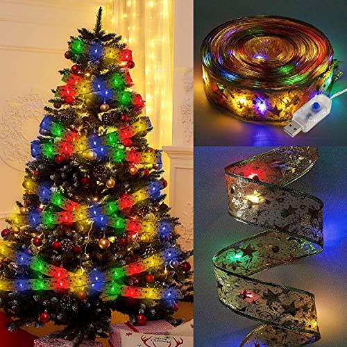 AIFUSI 10 Meter 100 LEDs Weihnachtsbeleuchtung Innen Satinband Lichterketten 8 Modi Speicherfunktion USB-Anschluss für Weihnachtsbaum Bowknot Party Dekoration [Mehrfarbig] von AIFUSI