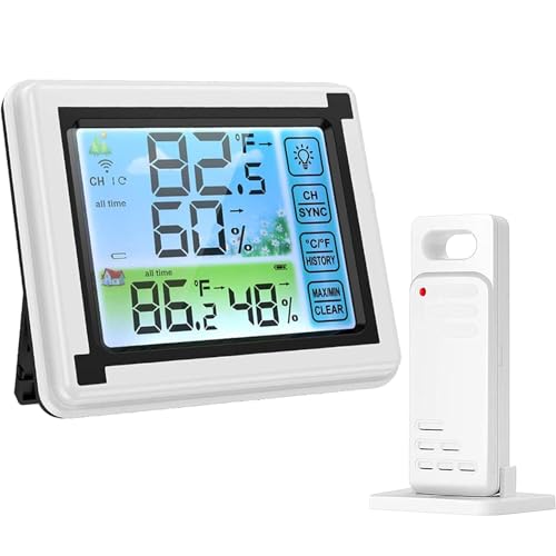 Hygrometer-Innenthermometer, Innen- und Außentemperatur-Feuchtigkeitsmonitor, mit Fernsensor, Hintergrundbeleuchtung, Touchscreen, Uhr, Genaues Luftfeuchtigkeitsmessgerät, Raumthermometer (Weiß) von AIFUSI