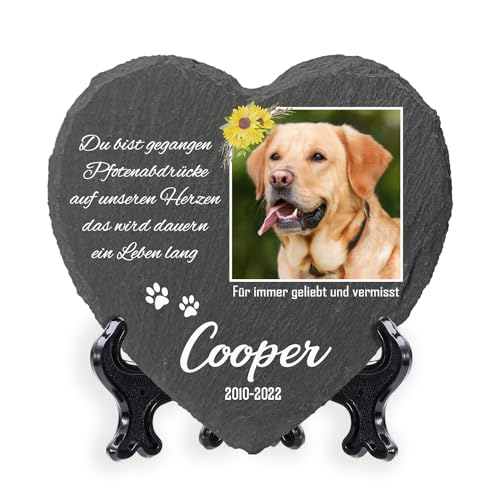 AIGAT Personalisierbare Herz Gedenktafel 25 x 25 cm mit Name, Datum, Foto und Ständer für Haustier Katze Hund Schiefer Stein Pfote Grabmal - Floral Rahmen Foto von AIGAT