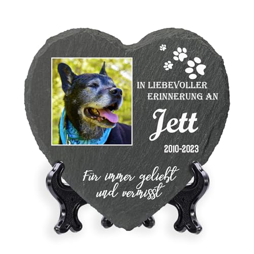 AIGAT Personalisierbare Herz Gedenktafel 25 x 25 cm mit Name, Datum, Foto und Ständer für Haustier Katze Hund Schiefer Stein Pfote Grabmal - Großes Foto von AIGAT