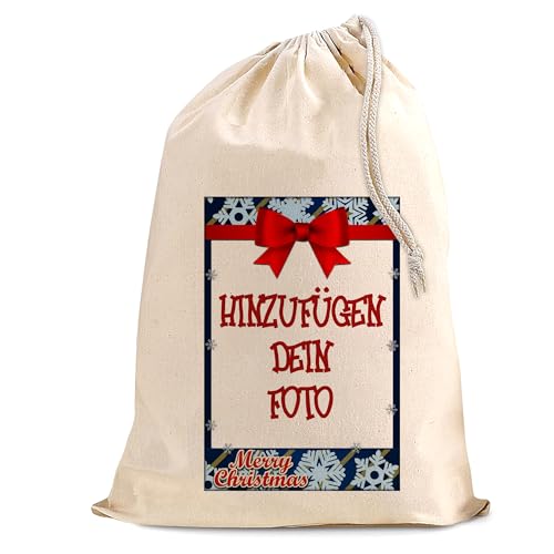 AIGAT Personalisierte Benutzerdefinierte Foto Bild Drucken im Rahmen auf Santa Weihnachten Natürlichen Baumwollsack Sack Extra Groß mit Kordelzug für Xmas Holiday Geschenke - Eine Schleife von AIGAT