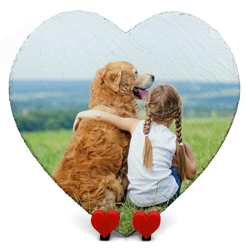 AIGAT Personalisierte Schiefertafel aus Naturschiefer Foto Text mit Display Herz Stand - Ihr eigenes Design - Größe 25x25cm von AIGAT
