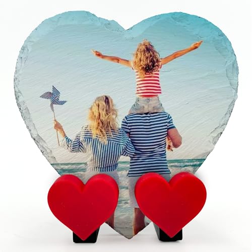 AIGAT Personalisierte Plakette aus Naturschiefer Foto Text mit Display Herz Stand - Ihr eigenes Design - Größe 10x10cm von AIGAT