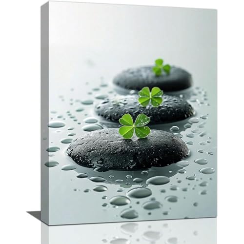 AIHNBF Minimalistische Zen Spa Steine Leinwand Wandbild mit Glücksbringendem Grünem Klee & Wassertropfen - Ruhige Natur Deko für Wohnzimmer, Bad, Schlafzimmer., 20 x 30 cm von AIHNBF