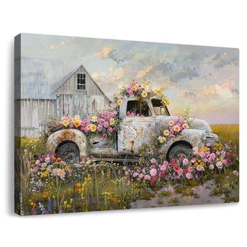 AIHNBF Rustikale Bauernhaus Wandkunst Leinwandbild - Vintage Pickup Truck mit bunten Wildblumen Feld Szene Dekor für Wohnzimmer Schlafzimmer, 60 x 90 cm von AIHNBF