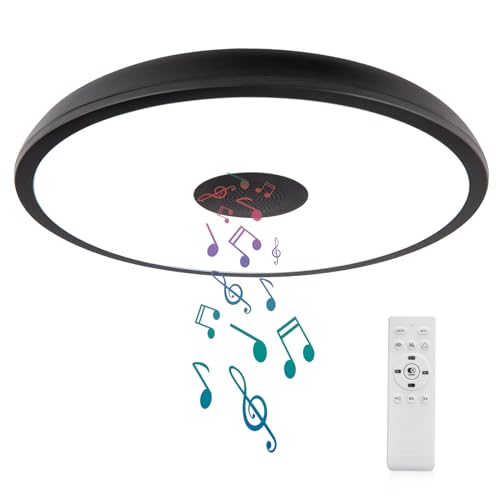 AIHONKON Schwarze wasserdichte LED Deckenleuchte, mit Bluetooth Lautsprecher,28 Zentimeter,18 Watt,2700K-6500K dimmbare Musiklampe, RGB Farbwechsel Licht mit Fernbedienung, für Badezimmer,Schlafzimmer von AIHONKON