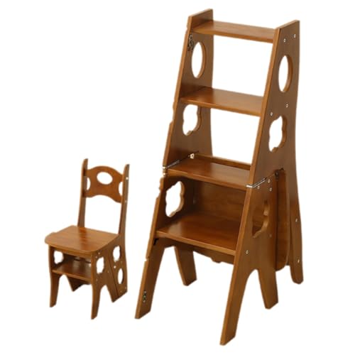 AIJUSSS Klappbarer Bibliotheksleiterstuhl aus Holz, tragbarer 2-in-1-Tritthocker mit Sicherheitsverschlüssen, 4-Stufen-Hocker mit doppeltem Verwendungszweck for zu Hause(Walnut Color) von AIJUSSS