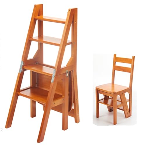 AIJUSSS Solid Folding Ladder Chair Library Wood 4-Step Stool Display Stand Flower Rack for Home Library Kitchen(Dark Wood Color) von AIJUSSS