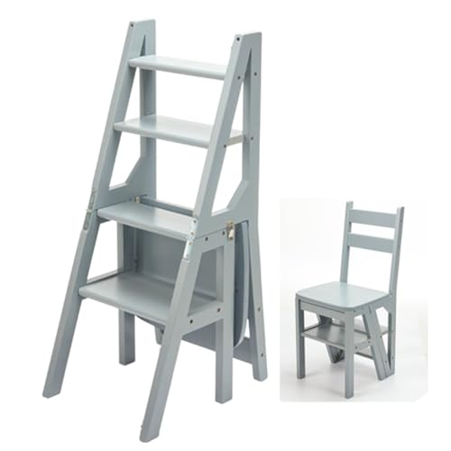 AIJUSSS Solid Folding Ladder Chair Library Wood 4-Step Stool Display Stand Flower Rack for Home Library Kitchen(Gray) von AIJUSSS