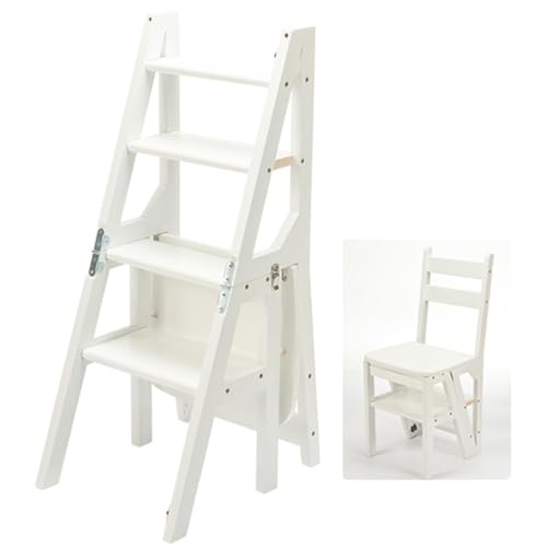 AIJUSSS Solid Folding Ladder Chair Library Wood 4-Step Stool Display Stand Flower Rack for Home Library Kitchen(White) von AIJUSSS
