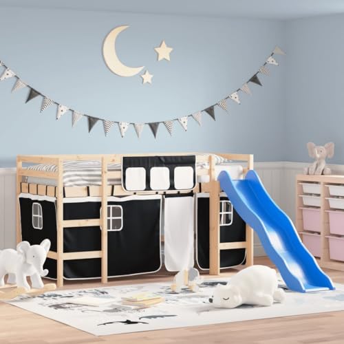 AIJUUKJP Furniture Home Tools Kinder-Hochbett mit Vorhängen, Weiß und Schwarz, 80 x 200 cm, Massivholz, Kiefer von AIJUUKJP