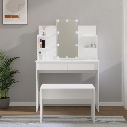 AIJUUKJP Nice Cabinets & Storage Vanity Units Bedroom Dressing Tables-Dressing Table Set with LED White Engineered Wood von AIJUUKJP