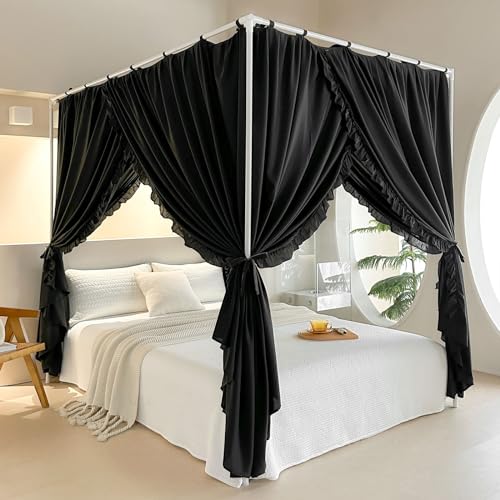 AIKASY Prinzessinnen-Betthimmel-Vorhänge mit Bändern oben – winddicht und lichtdicht für Mädchen und Erwachsene, Schlafzimmer-Dekoration, Betthimmel-Vorhänge (Kingsize, Schwarz) von AIKASY