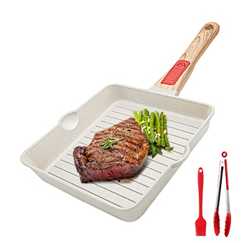 AIKENBBKK Grillpfanne 20x 20 cm mit Abnehmbarer Griff, Aluminium Steakpfanne Antihaft Beschichtung Pfanne, Spülmaschinen geeignet & Backofenfest (Weiß) von AIKENBBKK