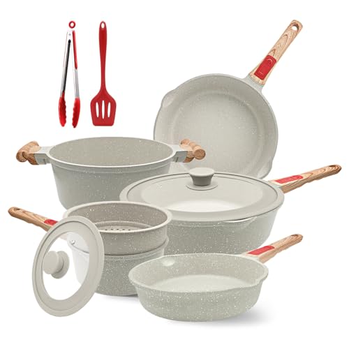 AIKENBBKK Topf und Pfannenset 10-Teilig, Pfanne mit Deckel 20cm, 24cm, 28cm, Stielkasserolle 18cm+ Dampfer, Topf 4.7L, Antihaft Bratpfanne Kochgeschirr-Set mit Abnehmbarer Griff (Weiß) von AIKENBBKK