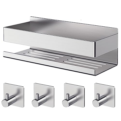 AIKER Duschablage Ohne Bohren,Hochwertiger Verdickter Edelstahl 304 Badezimmer Organizer,Kein Bohren Selbstklebend Badezimmer Regal für Dusche Mit 4 Haken für Bad, Küche, WC von AIKER