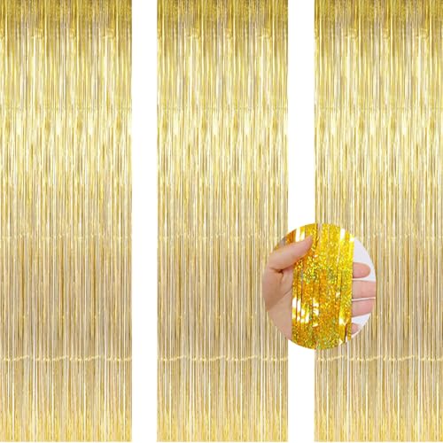 AILEXI 3er Pack Metallic Lametta Vorhänge Folie Fransen Schimmer Luftschlangen Vorhang Tür Fenster Dekoration für Geburtstag Hochzeitsfeier Lieferungen 1 * 2M - Laser Gold von AILEXI
