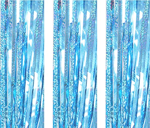 AILEXI 3er Pack Metallic Lametta Vorhänge Folie Fransen Schimmer Luftschlangen Vorhang Tür Fenster Dekoration für Geburtstag Hochzeitsfeier Lieferungen 3ft * 8ft - Laserlichtblau von AILEXI