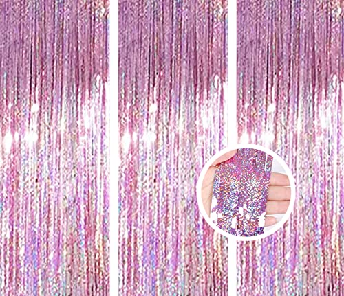 AILEXI 3er Pack Metallic Lametta Vorhänge Folie Fransen Schimmer Luftschlangen Vorhang Tür Fenster Dekoration für Geburtstag Hochzeitsfeier Lieferungen 3ft * 8ft - Laser Rosa von AILEXI