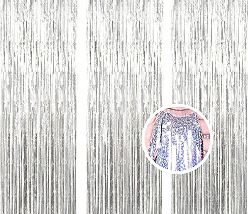 AILEXI 3er Pack Metallic Lametta Vorhänge Folie Fransen Schimmer Luftschlangen Vorhang Tür Fenster Dekoration für Geburtstag Hochzeitsfeier Lieferungen 3ft * 8ft - Laser Silber von AILEXI