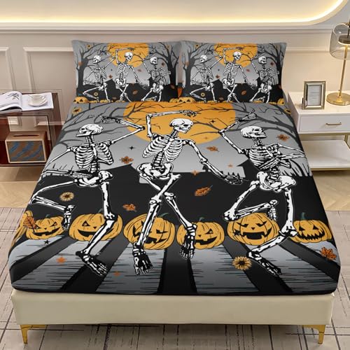 AILONEN Bettwäsche-Set mit Totenkopf-Motiv, Doppelbettgröße, Kürbislampe, Skelettdruck, Bettwäsche-Set für Kinder, Teenager, Erwachsene, Halloween-Horror-Thema, 1 Spannbetttuch und 2 Kissenbezüge, 3 AILONEN Bettwäsche-Set mit Totenkopf-Motiv, Doppelbettgröße, Kürbislampe, Skelettdruck, Bettwäsche-Set für Kinder, Teenager, Erwachsene, Halloween-Horror-Thema, 1 Spannbetttuch und 2 Kissenbezüge, 3 von AILONEN