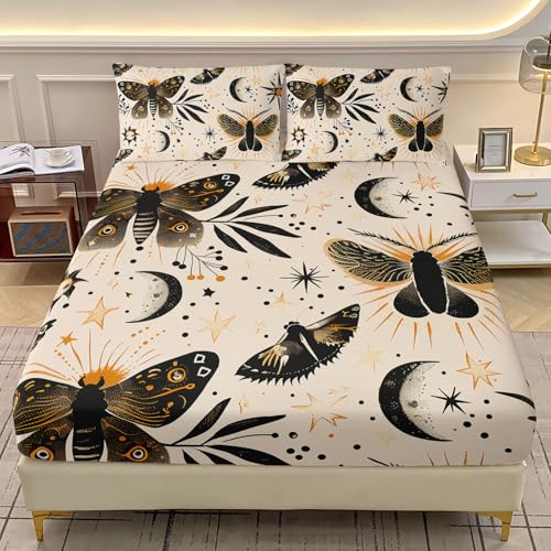 AILONEN Death Moth Spannbettlaken für Doppelbett, Größe XL, Sonne und Mond, Boho-Motte, bedruckt, weich, tiefe Bettlaken mit 2 Kissenbezügen, für Jungen und Mädchen, 3-teilig AILONEN Death Moth Spannbettlaken für Doppelbett, Größe XL, Sonne und Mond, Boho-Motte, bedruckt, weich, tiefe Bettlaken mit 2 Kissenbezügen, für Jungen und Mädchen, 3-teilig von AILONEN