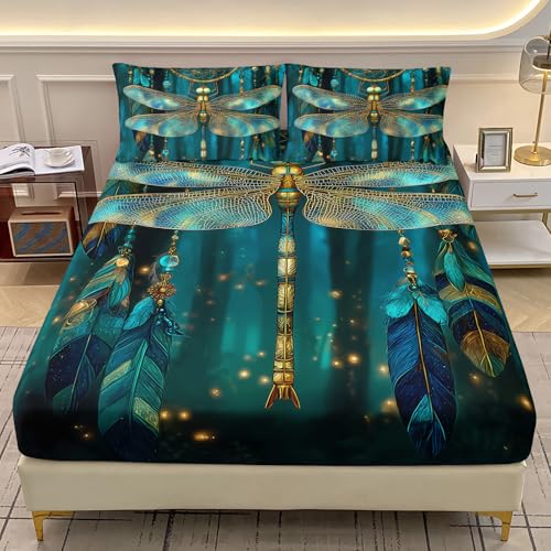 AILONEN Libellen-Traumfänger-Spannbettlaken-Set, Doppelbett-XL-Größe, Waldgrüne Libellen-Bettwäsche-Set, 3-teilig, mit Traumfängern, Insekten, glitzerndes Spannbetttuch + 2 Kissenbezüge AILONEN Libellen-Traumfänger-Spannbettlaken-Set, Doppelbett-XL-Größe, Waldgrüne Libellen-Bettwäsche-Set, 3-teilig, mit Traumfängern, Insekten, glitzerndes Spannbetttuch + 2 Kissenbezüge von AILONEN